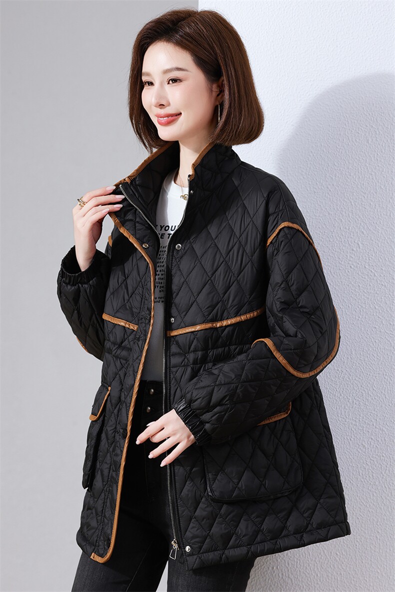 现货2024冬季新款时尚腰间抽绳休闲复古菱格中长款棉衣,女装棉衣/棉服,深水步