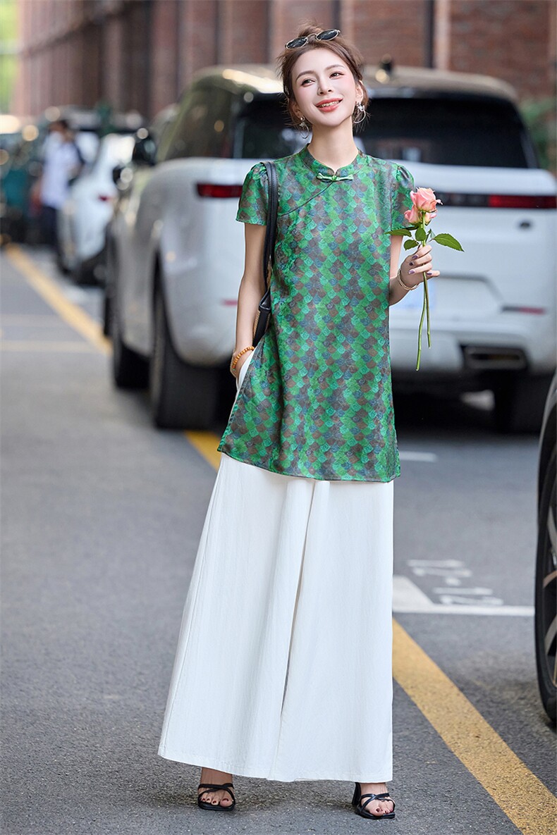 新中式国风套装女2025夏季新款复古印花盘扣马甲上衣阔腿裤两件套,女装套装/套裙,自然秀
