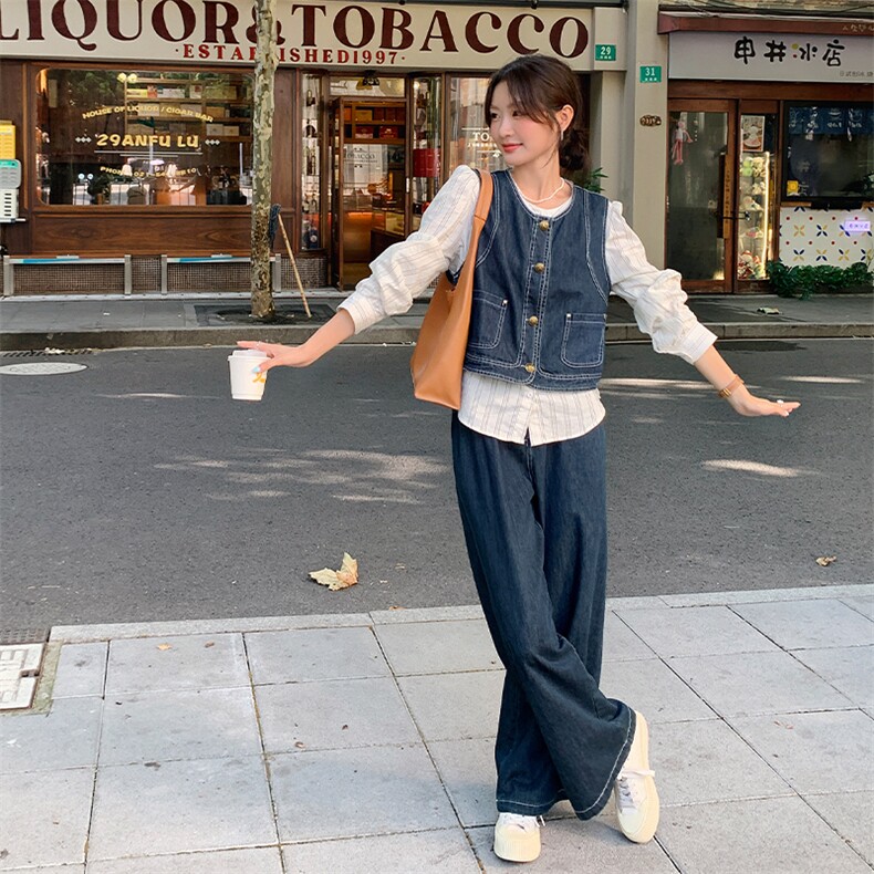 韩系穿搭牛仔套装女春秋2025年新款酷飒拽姐马甲配阔腿裤三件套装,女装套装/套裙,浙宝285（原212）