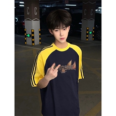夏季美式高街重磅纯棉三条杠织带插肩撞色男女短袖T恤CZ169-特P25，男装T恤，电商A486