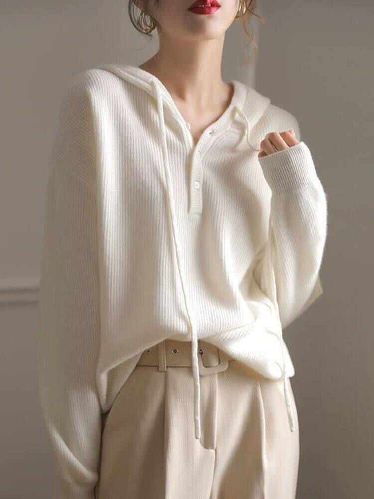 毛衣女秋冬2024秋冬款连帽洋气宽松软糯针织衫上衣，女装羊毛衫，恩泰羊绒