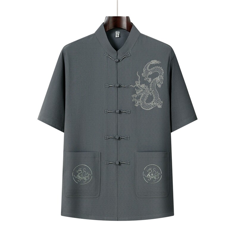 2025夏季薄款高端风绣花冰丝短袖衬衫唐装汉服套装9039-P85,男装衬衫,星座1105-3