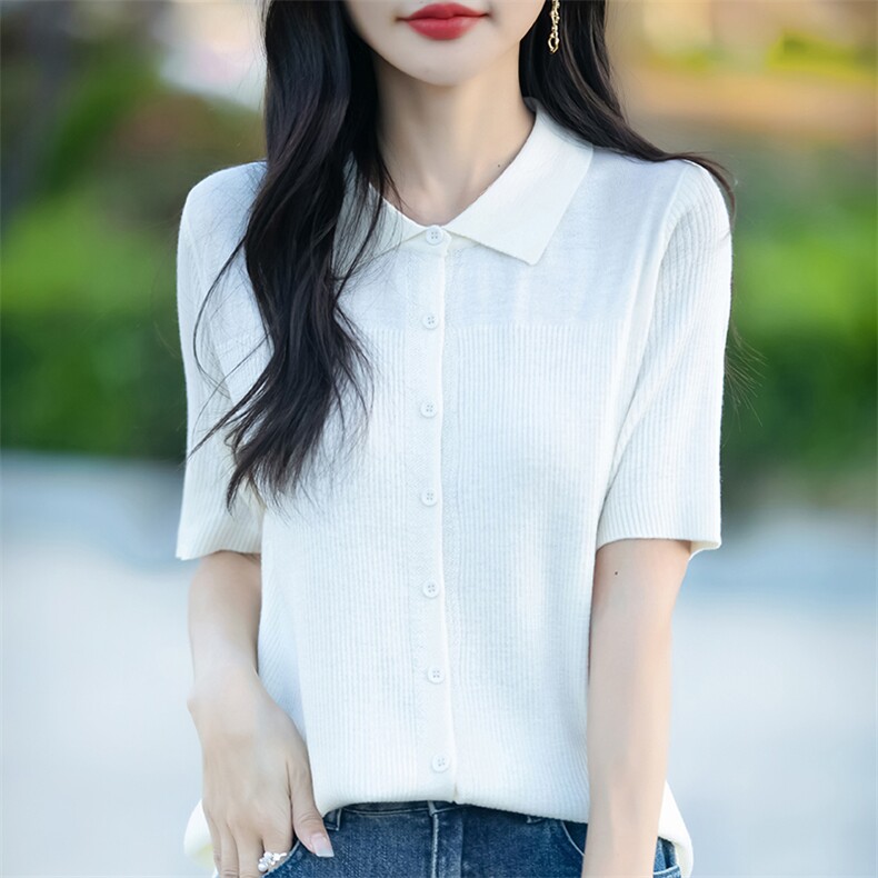 简约复古翻领针织短袖衬衫上衣polo领开衫打底衫时尚半袖翻领小衫图片
