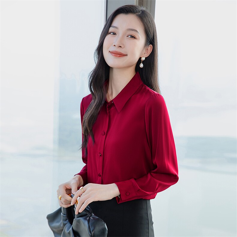 重磅高端酒红色真丝衬衫女长袖2026春新款修身妈妈真丝上衣,女装衬衫,阿舍尔精品