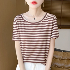 条纹舒服T~拼接撞色超细精纺纱线圆领短袖女宽松显瘦休闲T恤上衣，女装针织衫/毛衣，朝贺羊绒