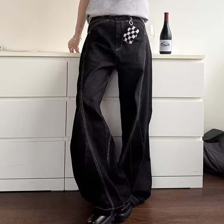 设计感辑明线轮廓设计黑色牛仔裤男女同款阔腿直筒裤,男装牛仔裤,四季星座505