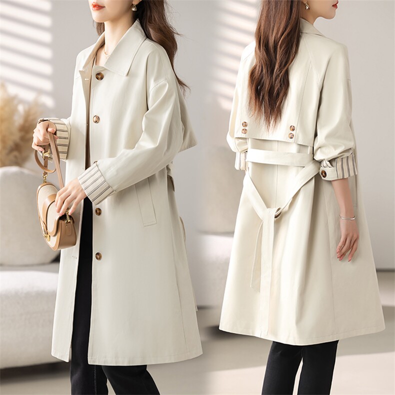 米白色气质中长款风衣外套女2025秋季新款时尚翻领休闲高级感大衣，女装风衣，慕咨