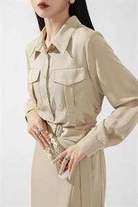 贴口袋腰打皱连衣裙,女装连衣裙,SHANGCHUN·W 汪尚春