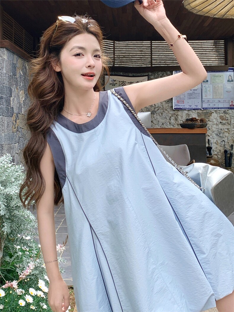 【现货】2026夏季蓝色减龄无袖撞色显瘦花苞连衣裙P135-K200,女装连衣裙,网红馆