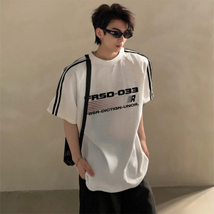 抖音得物高品质二开240克宽松纯棉美式潮牌三条杠织带短袖T恤图片