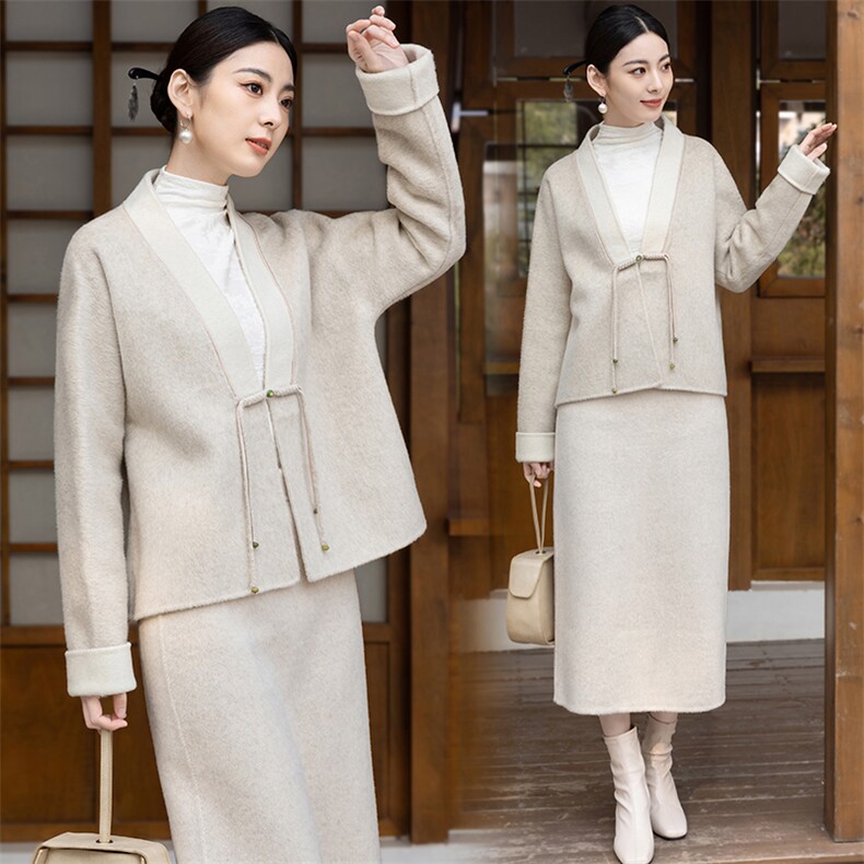 新中式国风改良汉服套装女春秋新款复古气质针织开衫半身裙两件套,女装套装/套裙,芷墨服饰