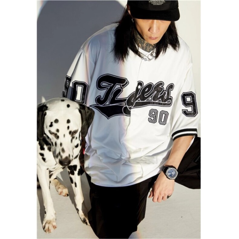 美式高街hiphop短袖衬衫男女欧美潮牌街头舞蹈上衣宽松情侣棒球服,男装衬衫,星座506A