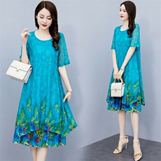 2023夏季女装新款大量现货定位花冰丝网孔洋气大码妈妈连衣裙，女装大码女装，魅衣本色