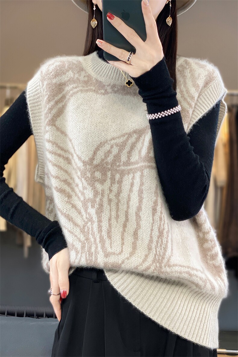 拼色圆领100%纯羊毛衫马甲女宽松无袖坎肩背心叠穿羊绒打底衫上衣,女装马甲,美雪羊绒