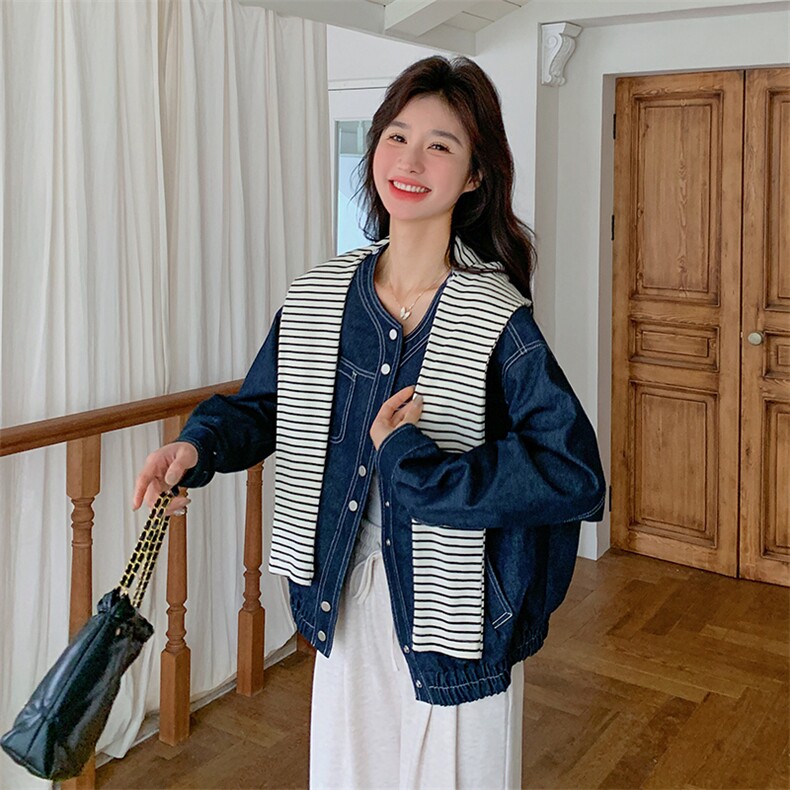 现货条纹披肩连帽牛仔外套女春秋2025新款203-8876-P155-K238,女装短外套,帛锦泉