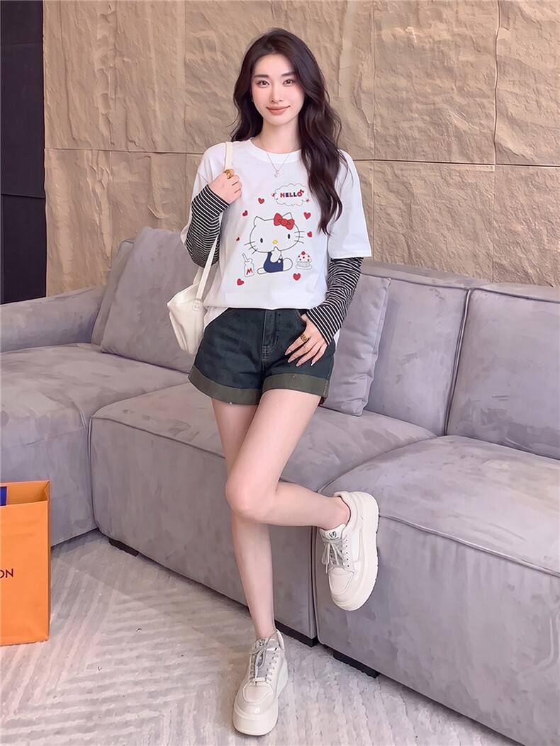 欧货俏皮减龄时尚套装夏季新款圆领卡通印花假两件上衣短裤两件套,女装套装/套裙,江南