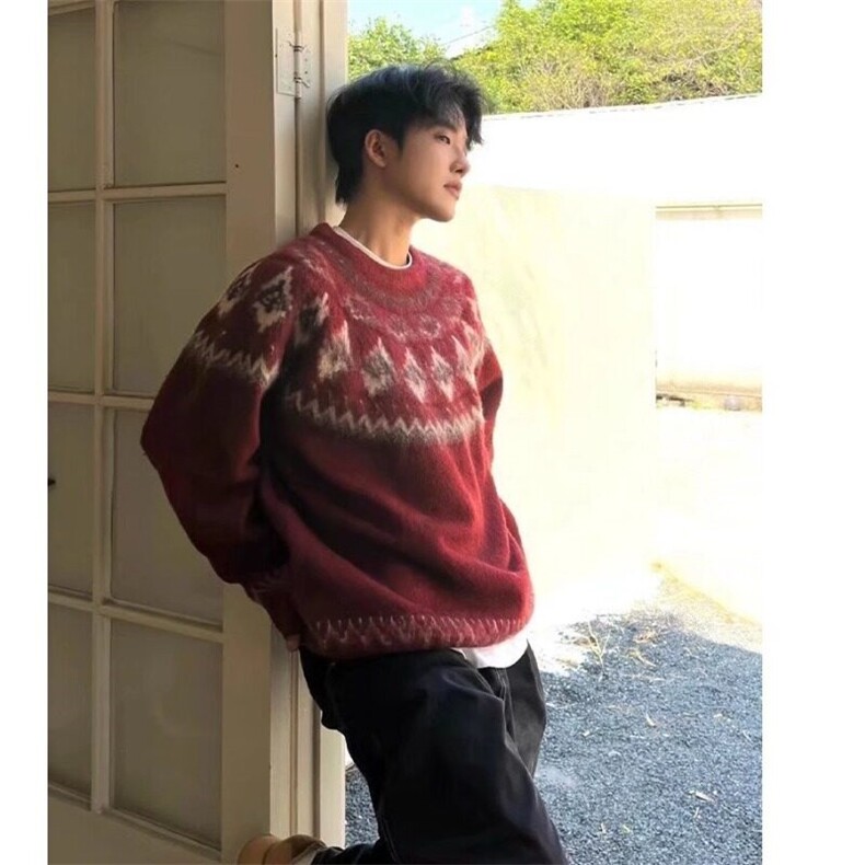 红色费尔岛圆领毛衣男秋冬季美式复古宽松慵懒圣诞穿搭情侣针织衫,男装针织衫/毛衣,星座506A