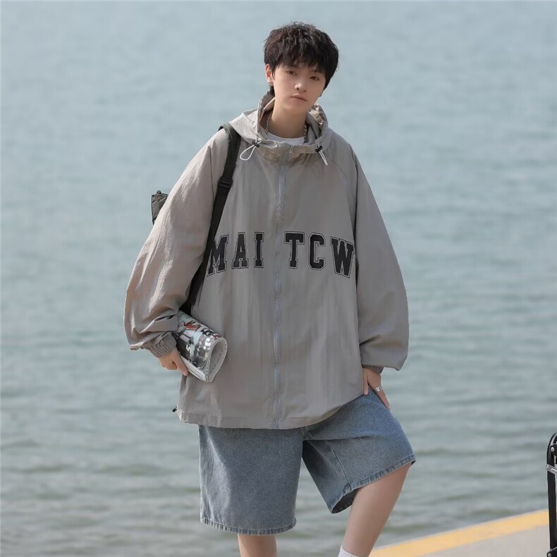 防晒衣男韩版潮流痞帅字母印花连帽2024夏季新款ins外套W5764-P43,男装防晒衣,星座412-2