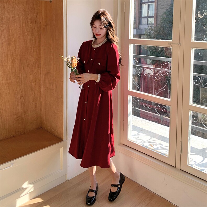 赫本风红色订婚小香风连衣裙女2025春季新款收腰显瘦长袖气质裙子,女装连衣裙,浙宝276（原081）