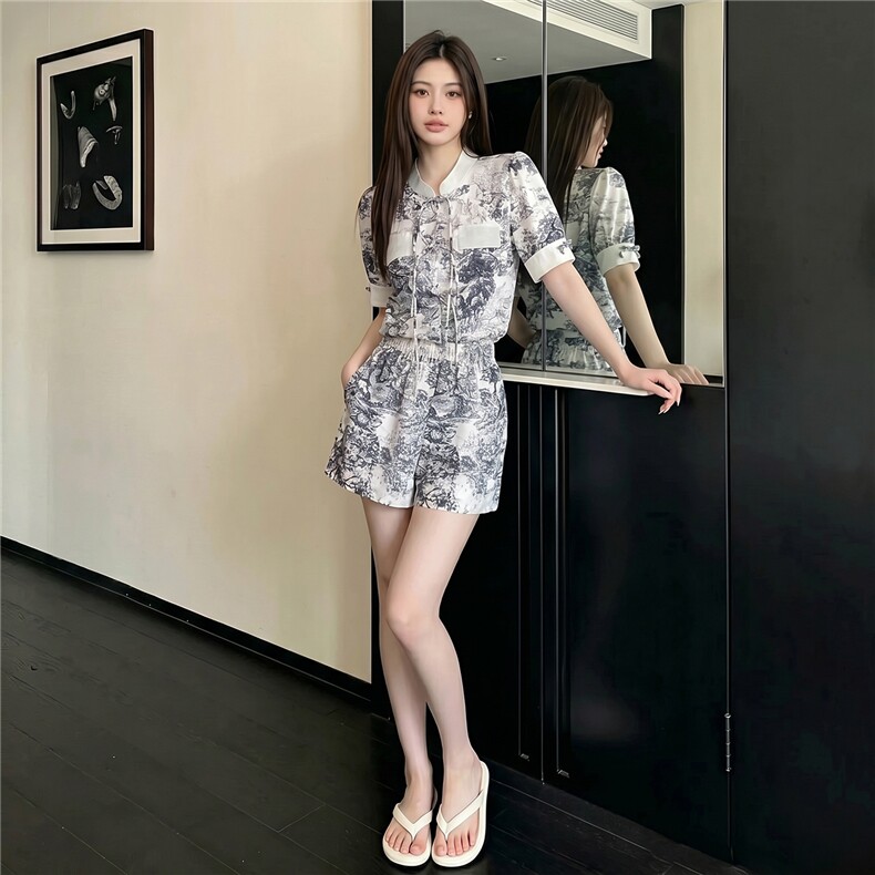新中式盘扣立领短袖套装女夏季新款休闲运动阔腿短裤两件套潮,女装套装/套裙,江南