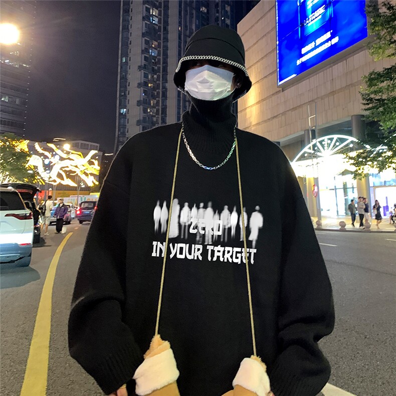 港风夜景创意人物字母印花时尚半高领毛衣A247-M6941特批50控88,男装针织衫/毛衣,电商A247