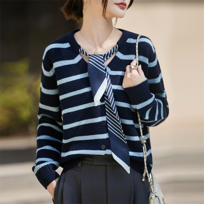 法式条纹丝巾飘带V领针织开衫女外套毛衣2025新显瘦毛衣保暖上衣，女装针织衫/毛衣，昭美羊绒