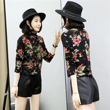 2020年冬季长袖印花花色植绒纱网镶钻修身蕾丝衫，女装蕾丝衫/雪纺衫，安之芮娜