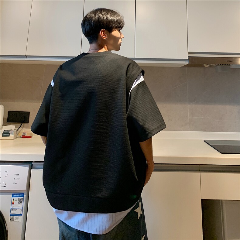 情侣装假两件条纹衬衫拼接潮情侣短袖T恤上衣男G1052P45女,男装T恤,电商A339