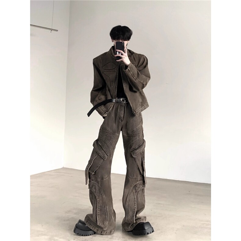 2025新款废土美拉德水洗做旧牛仔套装男小众设计复古垫肩牛仔外套,男装工装外套,星座506A