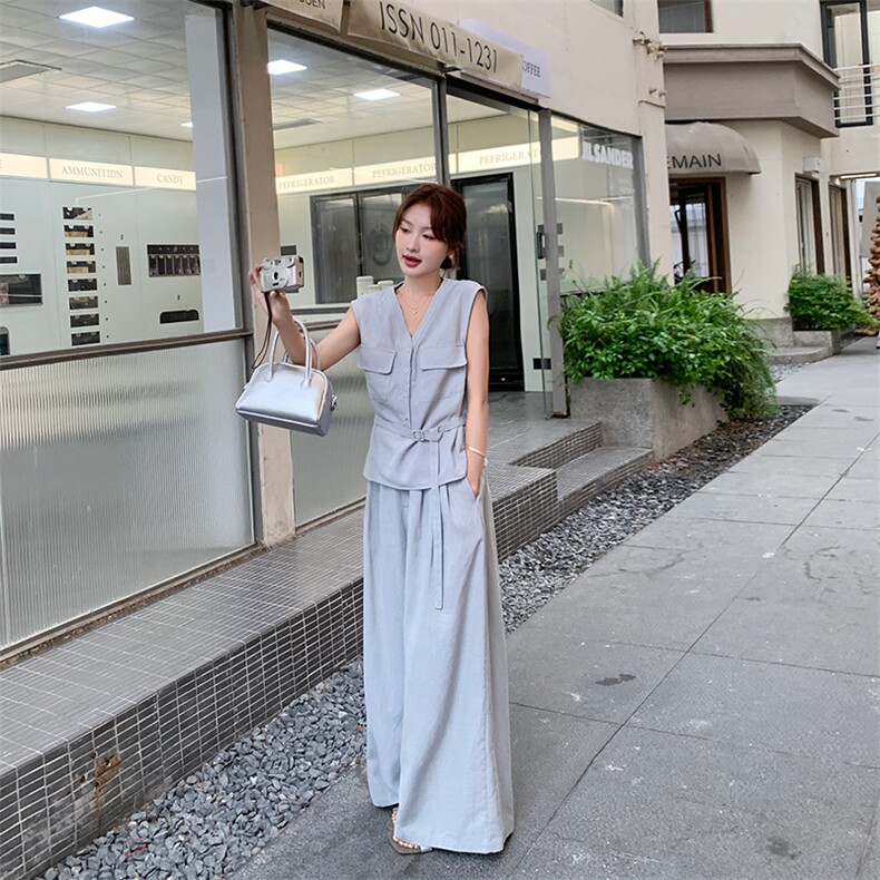 蓝色又酷又飒套装女夏新款韩版气质收腰V领上衣阔腿拖地裤两件套,女装套装/套裙,幸运星
