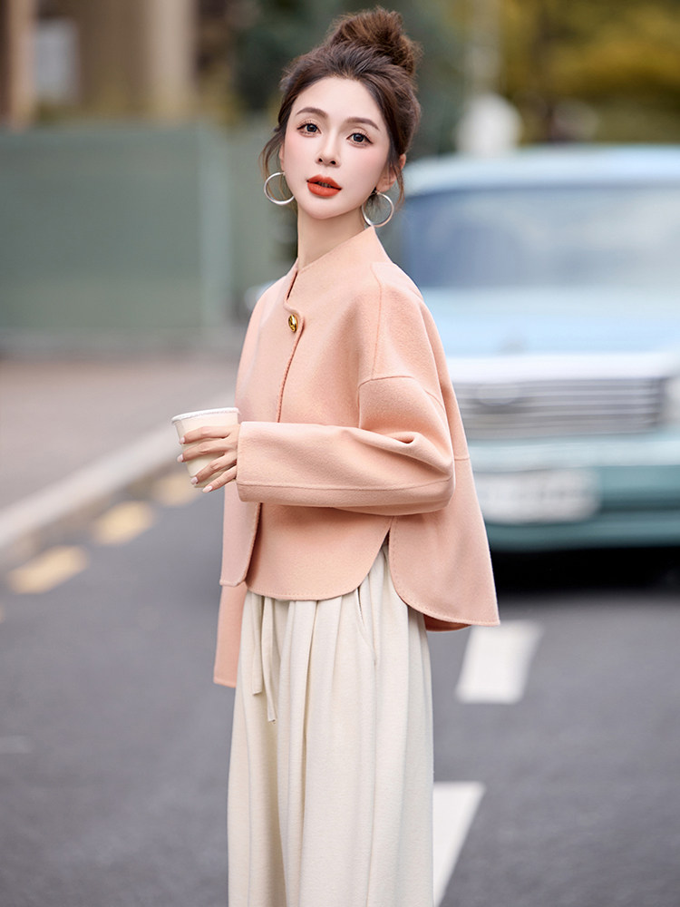 现货韩版短款双面羊毛大衣女时尚2025新款超洋气减龄双面羊毛外套,女装双面呢大衣,仟媚宠