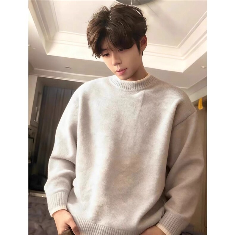 假两件灰色毛衣男款冬季美式圆领针织衫高级感内搭打底衫ZMY17图片