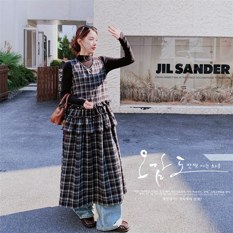 【新款】黑白格子背心裙打底衫两件套2C137-8285-P195-K318,女装连衣裙,2C137