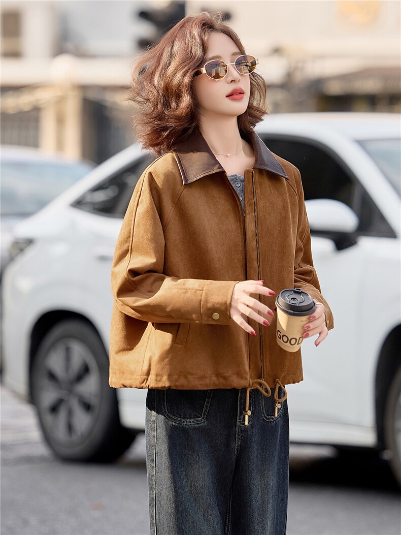 麂皮绒夹棉外套女2025冬季新款小个子棉服女翻领撞色帅气百搭外套,女装棉衣/棉服,梦懿尔