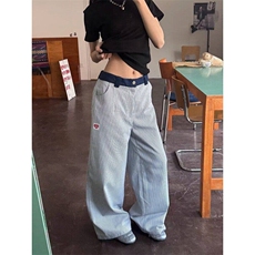 条纹裤子男女夏季薄刺绣阔腿弯刀裤小众直筒休闲长裤LN12522-P55，男装休闲裤，星座1008