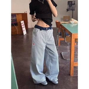 条纹裤子男女夏季薄刺绣阔腿弯刀裤小众直筒休闲长裤LN12522-P55图片