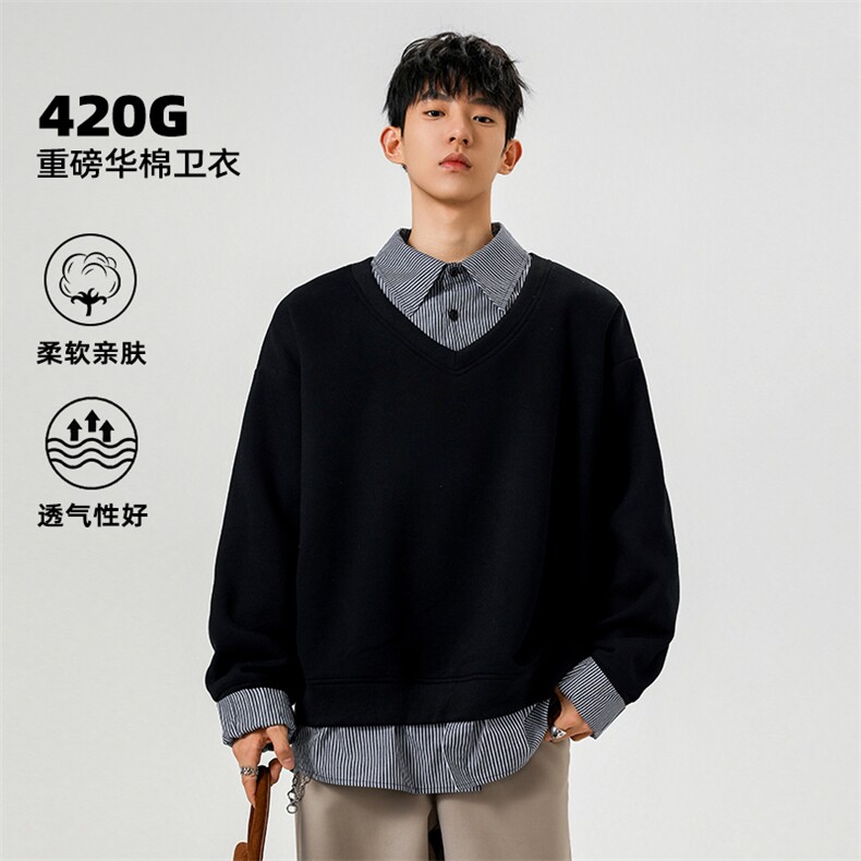 特批P50无差价420g高克重华棉条纹拼接假两件大码卫衣男W24502,男装卫衣,电商A001
