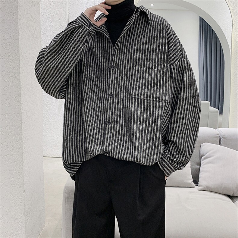 港风复古格子衬衫加厚男士慵懒宽松百搭毛呢衬衣外套,男装衬衫,电商B413-1