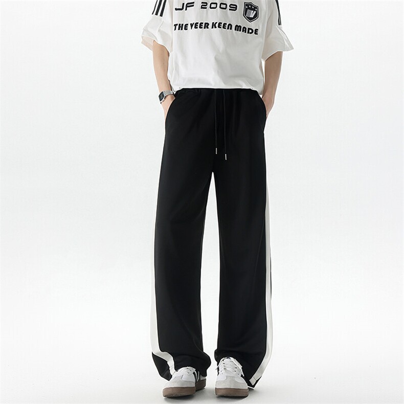8XL-M 撞色阔腿裤男直筒休闲冰丝凉感条纹开叉裤拖地裤K9140P45图片