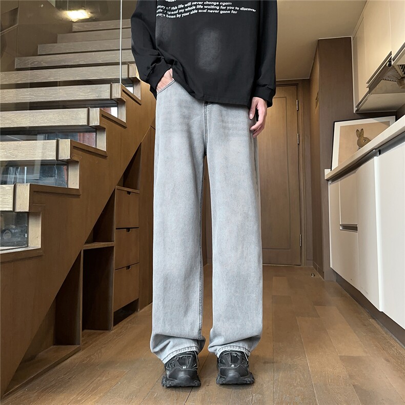 烟灰色复古蓝牛仔裤潮牌男生美式高街长裤百搭直筒裤,男装牛仔裤,星座302A-2