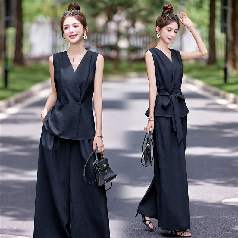 老钱风气质无袖套装女2025夏季新款V领绑带收腰衬衫阔腿裤两件套，女装套装/套裙，悠米