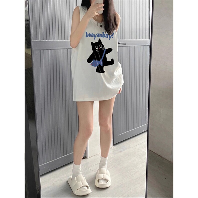卡通印花210克后包条春夏季宽松纯棉印花无袖背心女,女装背心吊带,梦白服饰厂