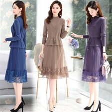 2022冬季新款时尚舒适A字蕾丝边裙摆两件套毛衣连衣裙，女装连衣裙，魅丽静蓝