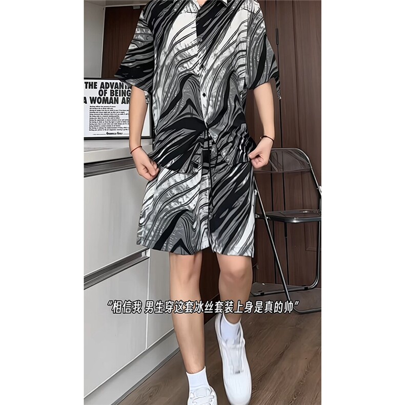 冰丝水墨短裤男短袖衬衫男套装男M-5XL大码TZ78713P50控98模特图,男装牛仔裤,星座226-1