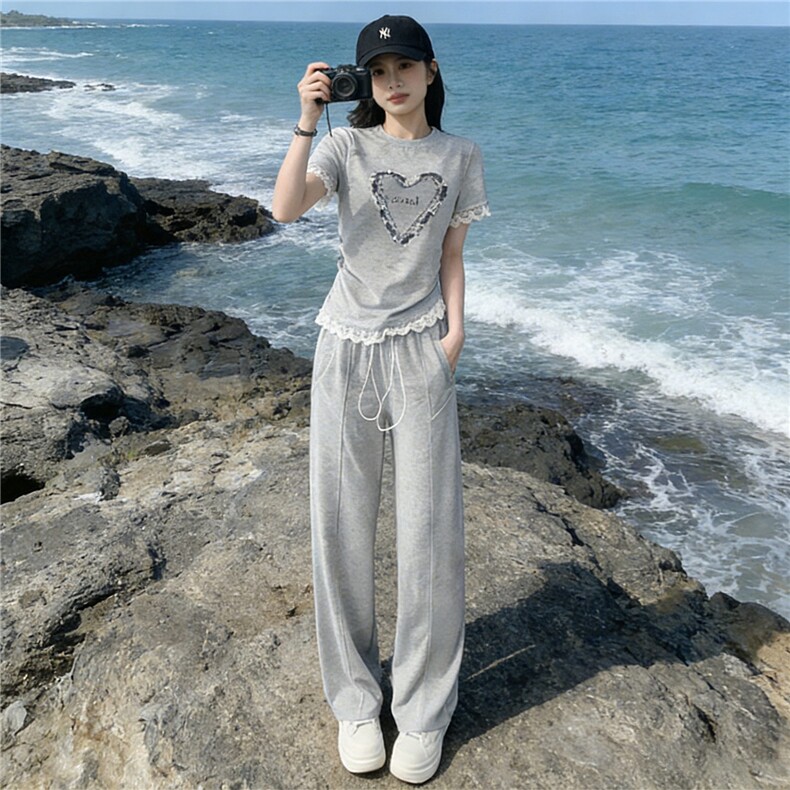 韩版时尚气质套装女夏季新款高级感显瘦短袖上衣宽松阔腿裤两件套,女装套装/套裙,江南