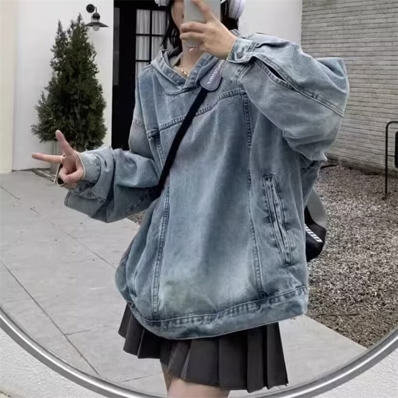JK8605-P56美式潮牌高街水洗复古周杰伦同款牛仔连帽宽松卫衣,男装卫衣,电商B323A