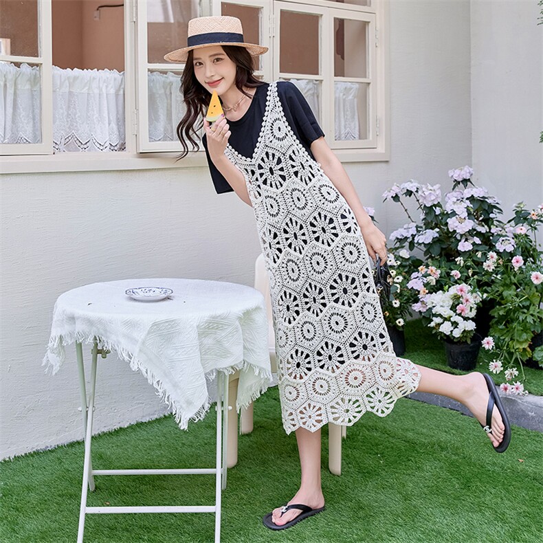 实拍2024夏新款中长款短袖T恤女钩花蕾丝吊带连衣裙减龄两件套潮,女装套装/套裙,铭街依杨