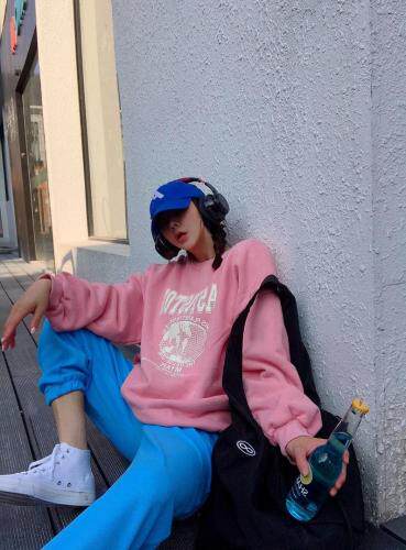 亮色加绒地球卫衣均码，女装卫衣/绒衫，尚映