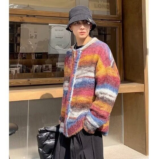 788-P60秋冬季大码美式复古彩色条纹毛衣设计感宽松针织开衫,男装针织衫/毛衣,电商B323A