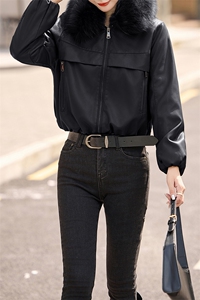 安可拉红加绒加厚短款皮衣外套女款2024冬季新款真毛领皮棉服夹克图片